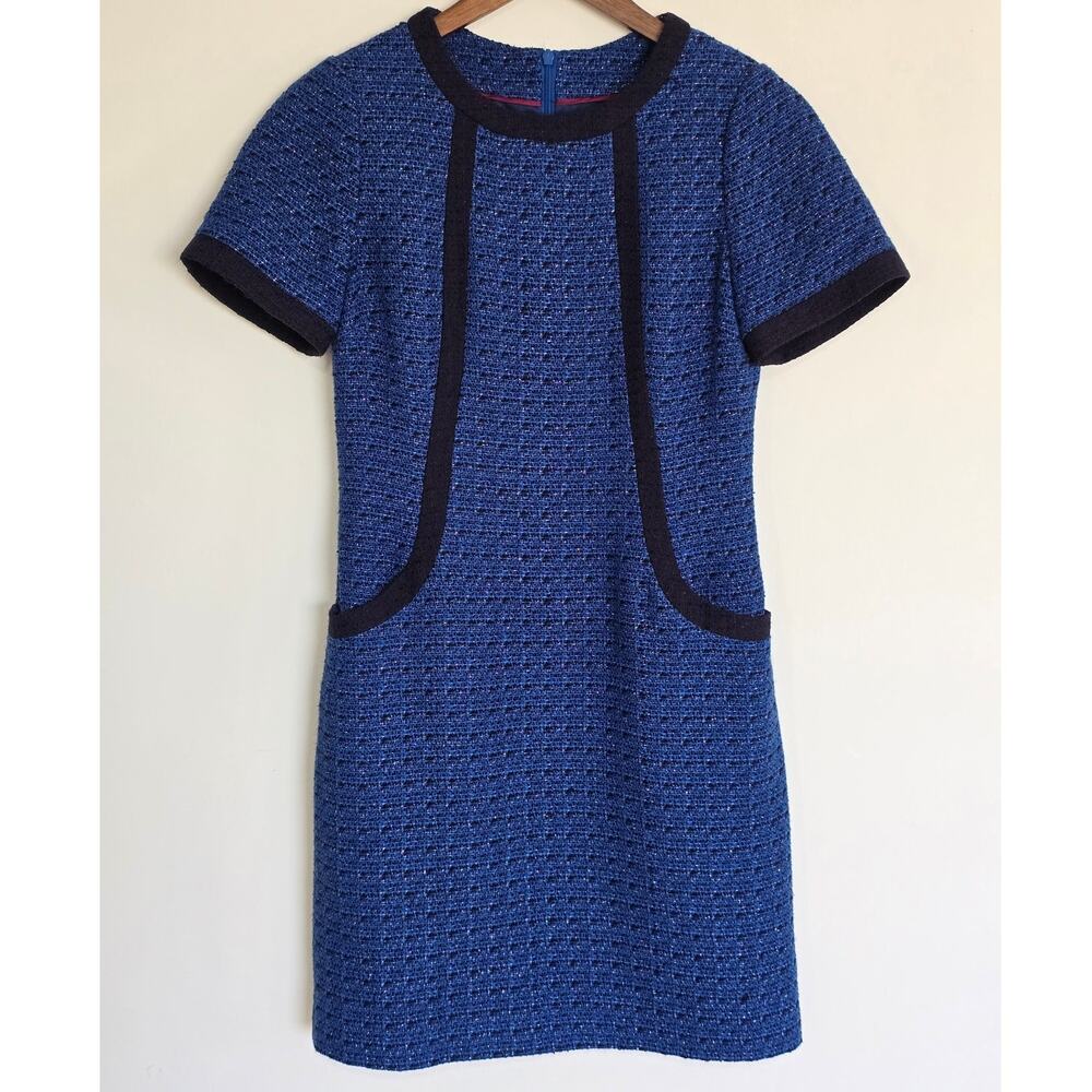 Boden Metallic Blue Tweed Wool-Blend Shift Dress Navy Trim Size 4R